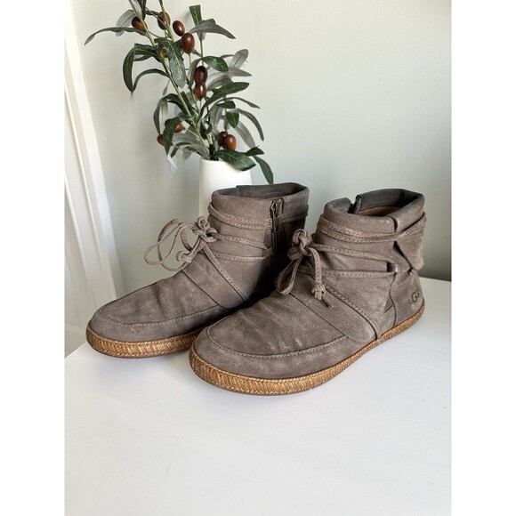 UGG Shoes - UGG Elora Women's 7.5 Grey Suede Wrap Lace Ankle Boots Side Zip 1019129